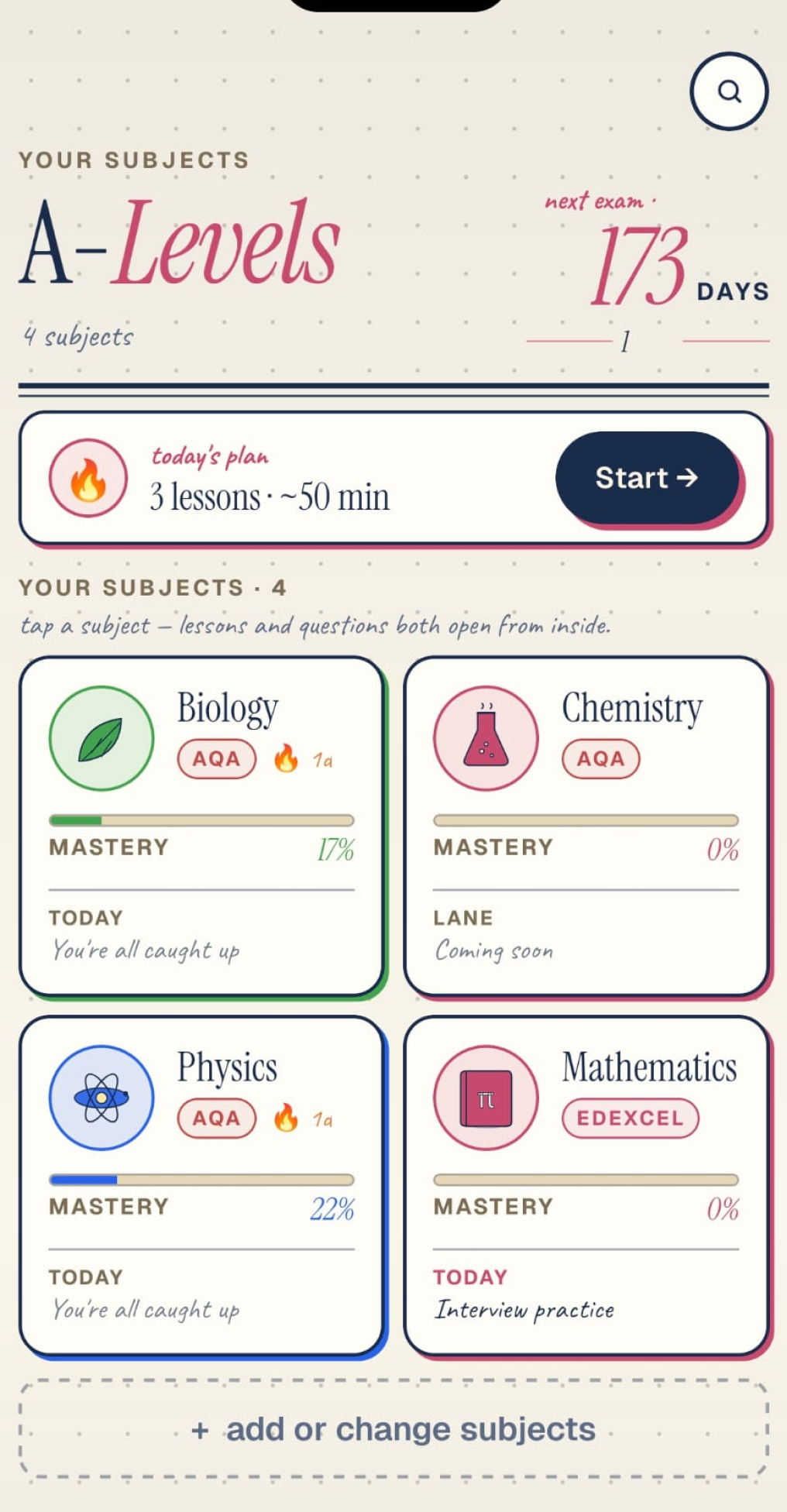 The Examrizz app: your subjects, today's plan, and mastery per subject